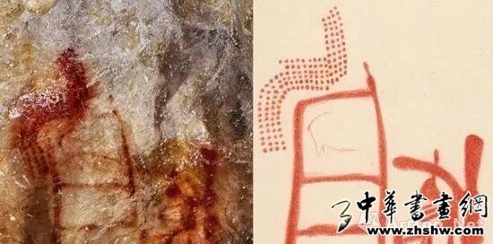 在西班牙北部的La Pasiega洞穴中梯子造型的洞穴壁画,右图为专家临摹 图片来源:洛杉矶时报