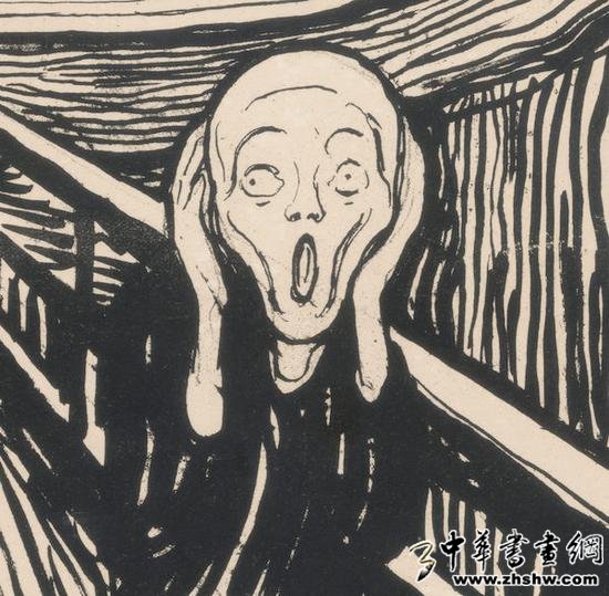 爱德华·蒙克, 《呐喊》(局部),石版印刷,创作于1895年,私人收藏,挪威。
