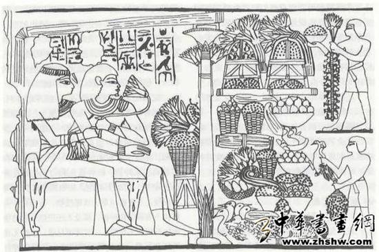 古埃及壁画 约公元前1400年 主人和他妻子坐在椅子上, 接受两位仆人送来的飞禽和水果。